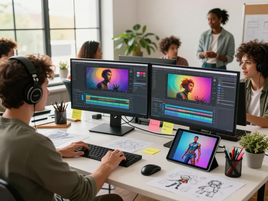 Digital artists collaboratively using nano banana 2 for vibrant AI-generated image editing in a creative workspace.