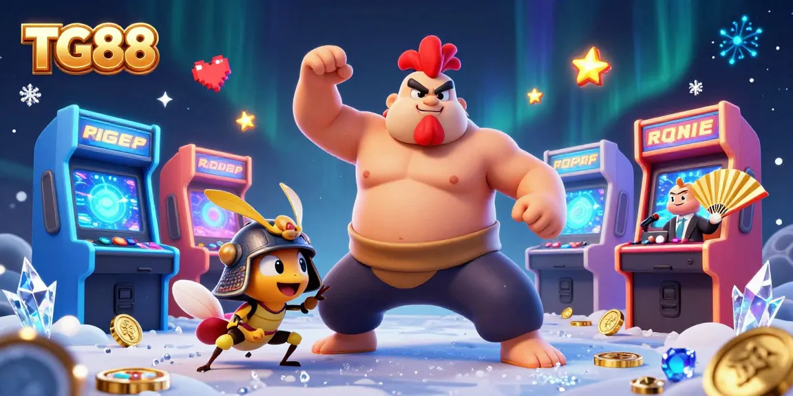 Engage with TG88 at a vibrant casino scene featuring a sumo rooster and samurai cricket.