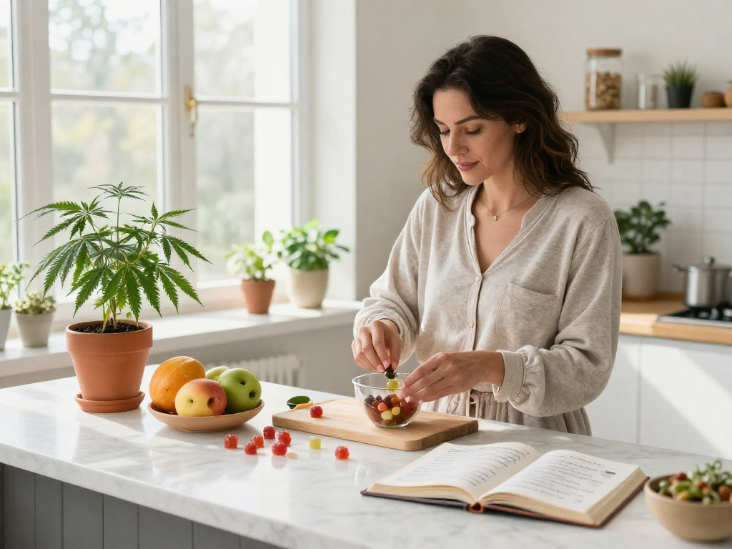 Cannabis edibles preparation in a bright kitchen with CBD ingredients, hemp plant, and wellness elements.