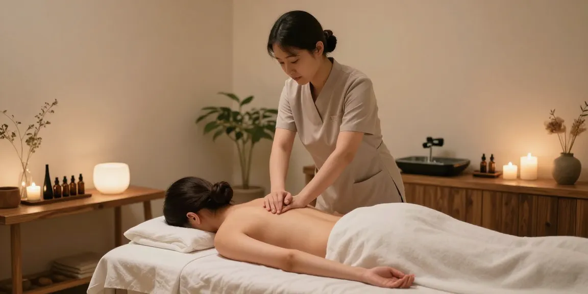 Relaxing 창원마사지 session in a serene spa room, with a therapist providing Swedish massage.