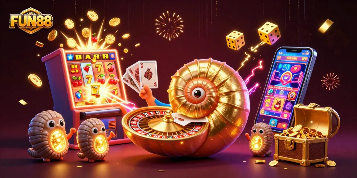 Experience FUN88's vibrant casino world with an animated nautilus, cards, and jackpot symbols.
