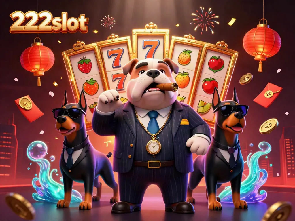 Gambarkan keseruan bermain 222slot dengan elemen slot reels berkilau dan karakter unik.