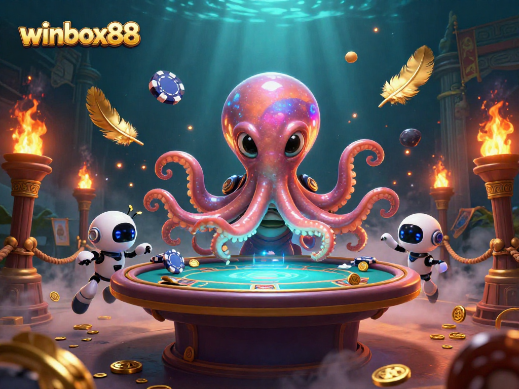 Experience the excitement of winbox88 with a cosmic octopus at a poker table, surrounded by vibrant casino elements.