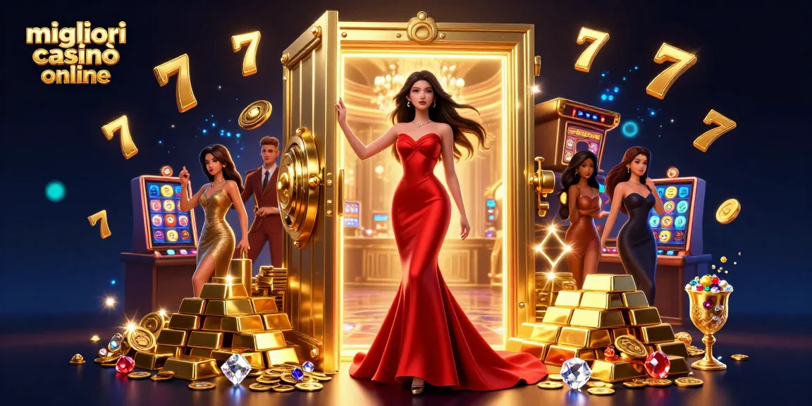 I migliori casinò online mostrano una scena di casinò vibrante con una bellissima donna asiatica, tesori d'oro e elementi di slot.