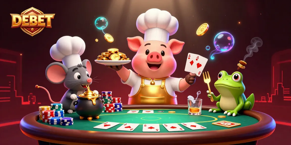 Engage with DEBET in a vibrant casino scene featuring glamorous characters and dynamic poker elements.