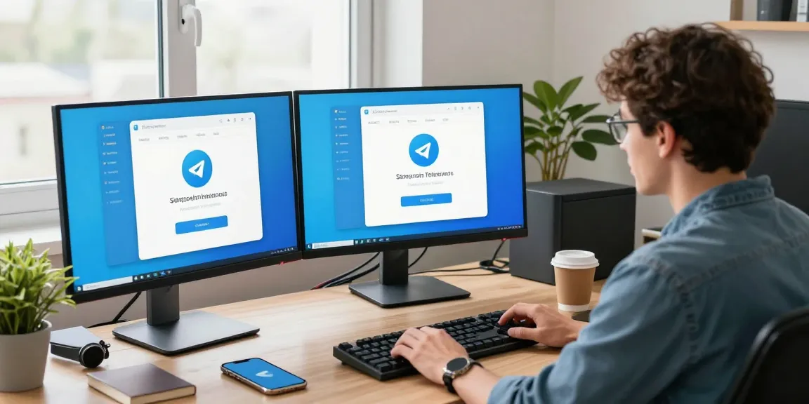 Tech workspace showcasing the Telegram中文版 interface on dual monitors, creating a productive atmosphere for communication.