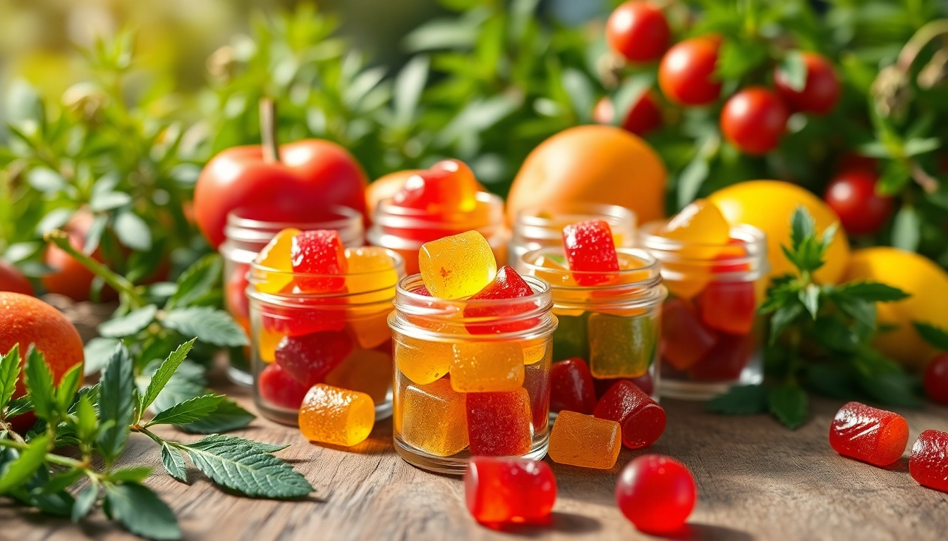 Indulge in vibrant Weed Gummies displayed attractively with fresh fruits.