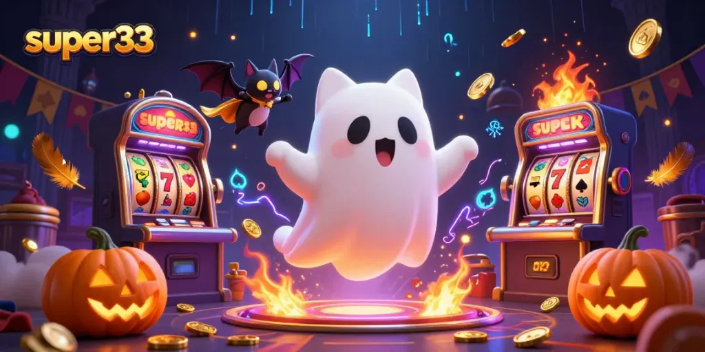 Spin the reels with super33 in a haunted casino scene filled with ghostly fun and vibrant details.