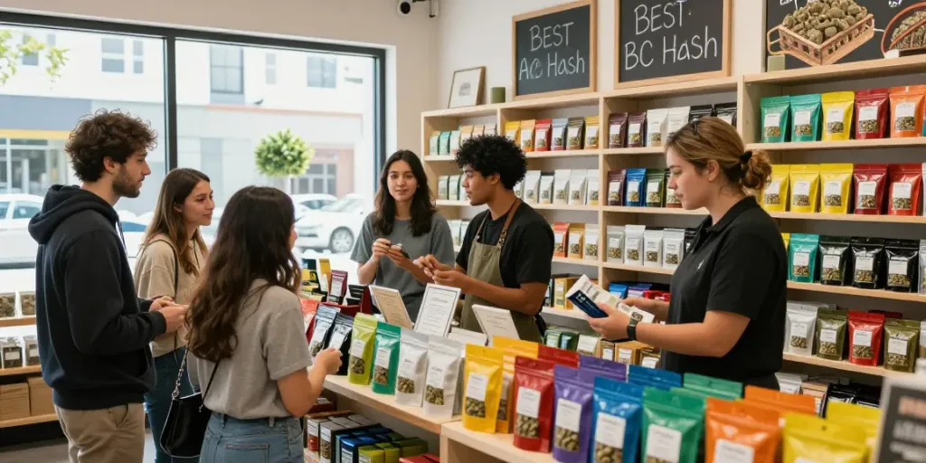 Customers discovering the best hash in Canada at a vibrant cannabis storefront.