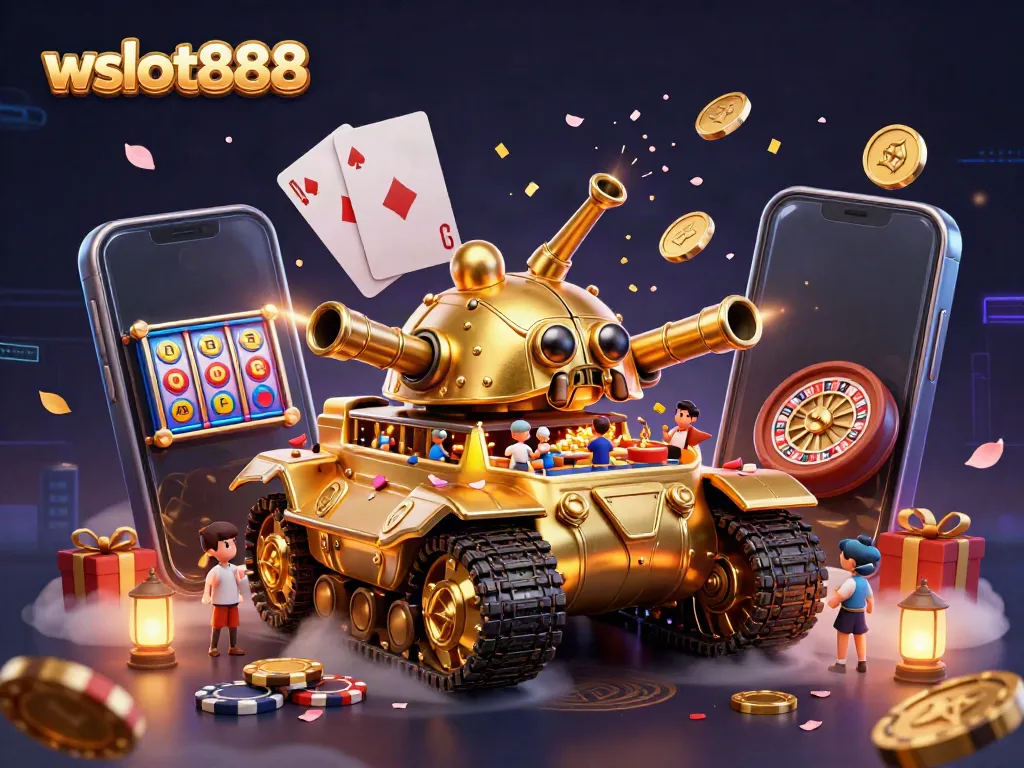 Gambarkan suasana penuh keseruan dengan tank keong emas wslot888 di tengah kasino mini, penuh koin emas dan slot game.