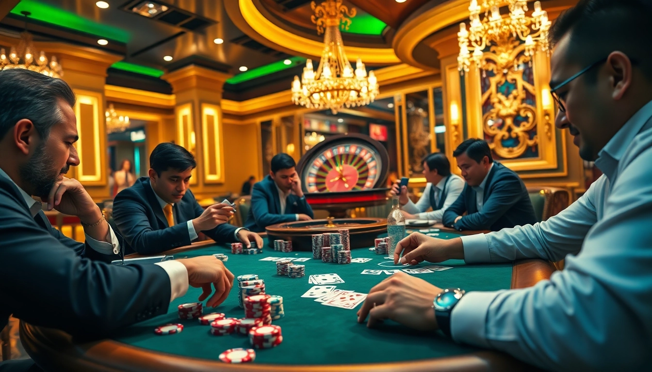 Experience the thrill of nhà cái vua99 with players enjoying intense poker action at a vibrant casino table.