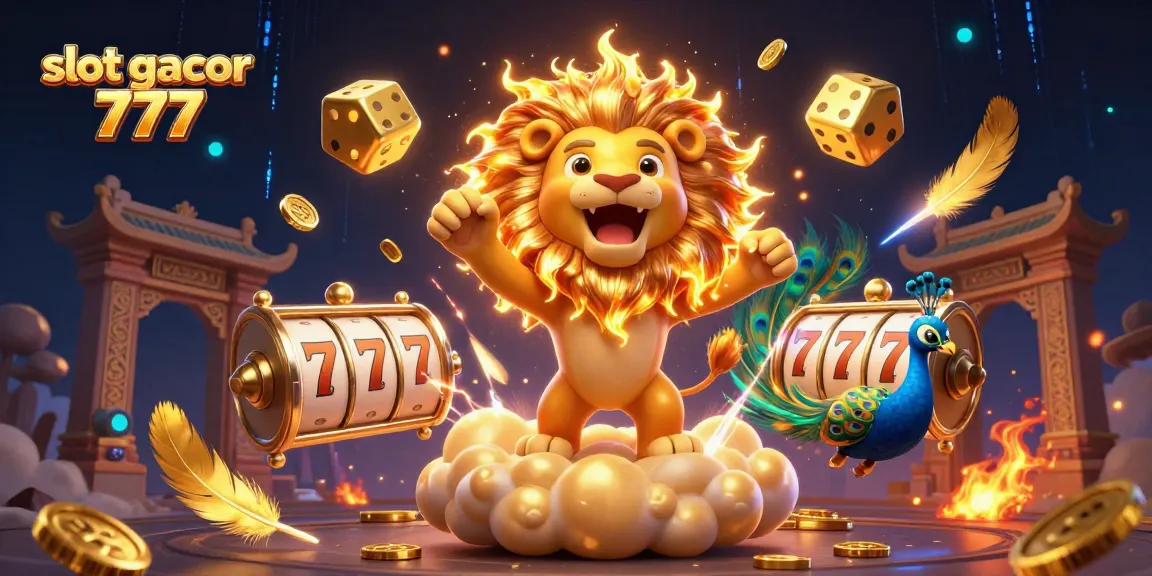 Melihat permainan slot gacor 777 dengan kartun singa dan dadu emas di tengah suasana kasino yang meriah.