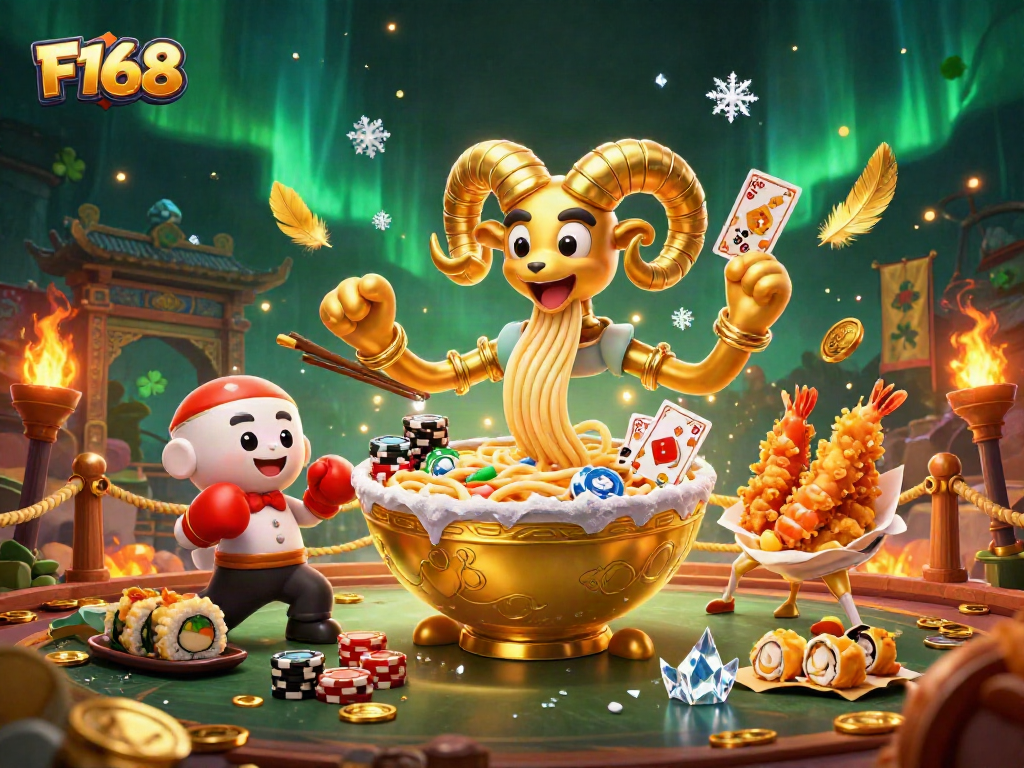 F168's vibrant 3D illustration showcases a giant ramen bowl dealer amidst a dynamic casino scene.