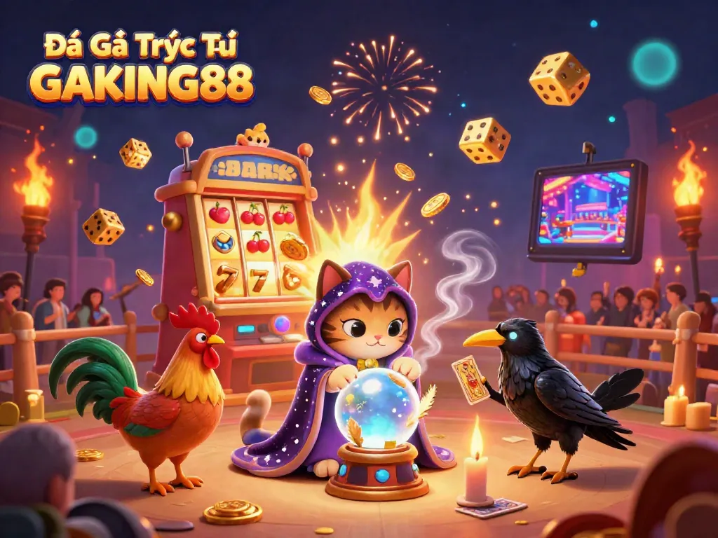 Experience the thrilling action of Đá Gà Trực Tiếp GAKING88 with vibrant roosters, flames, and casino elements.
