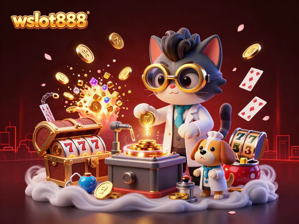 Permainan slot wslot888 yang ceria dengan karakter unik dan mesin koin emas.