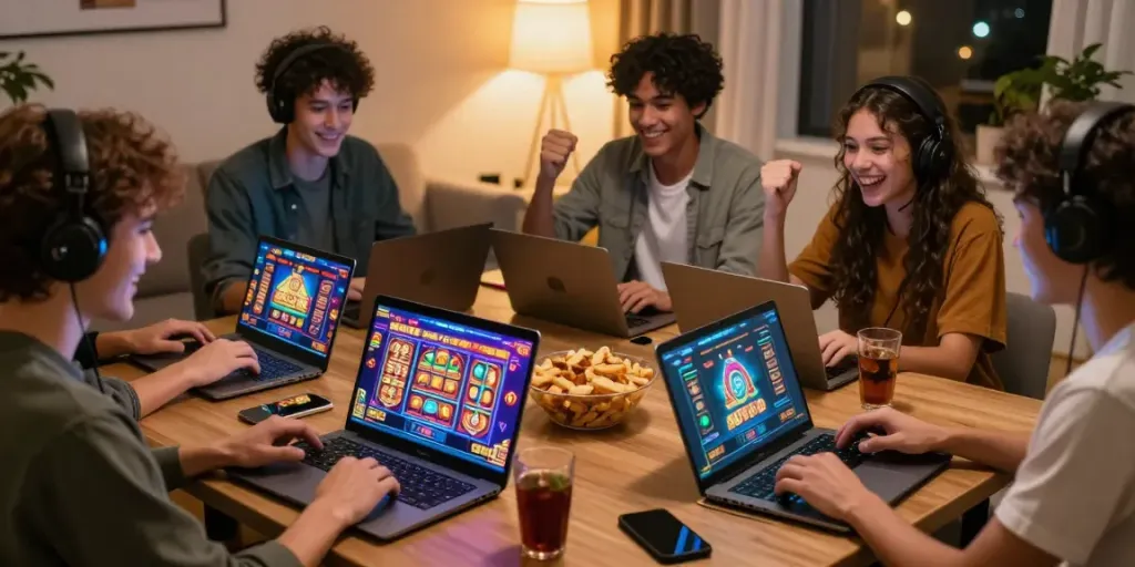 Friends enjoying a lively slot88 gaming session, showcasing excitement and engagement.