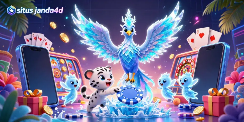 Gambarkan momen bermain situs janda4d dengan banyak elemen slot dan karakter kartun.