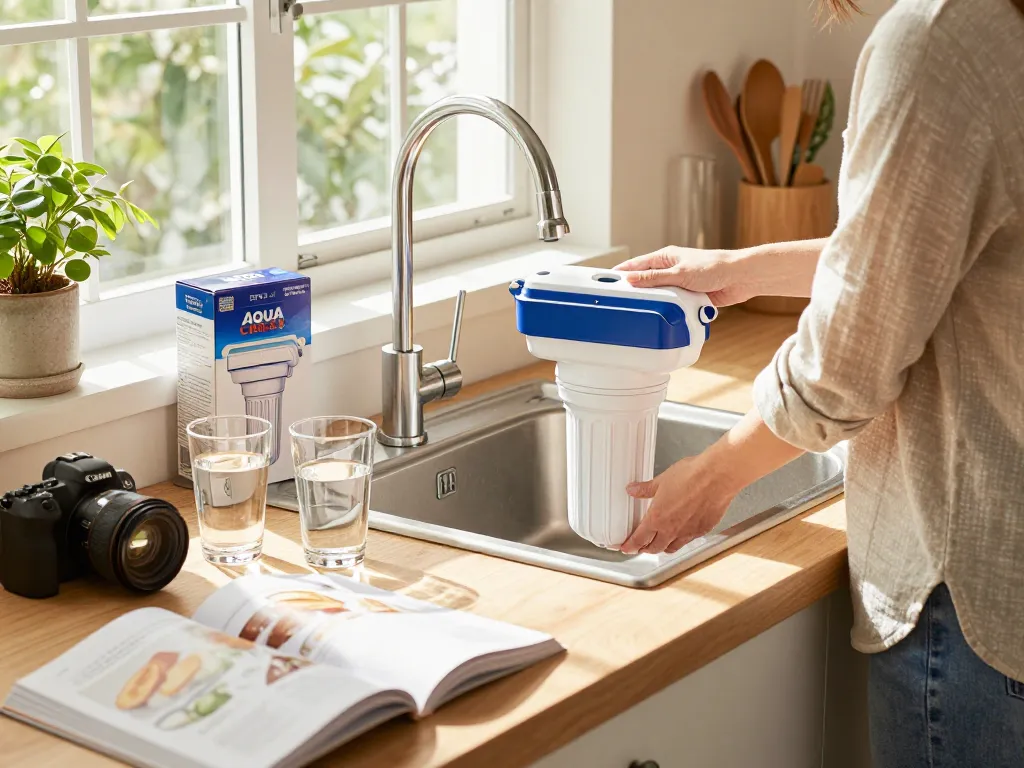 AQUA CREST GXRTQR Inline Water Filter being replaced in a bright kitchen, showcasing a clean and fresh home environment.