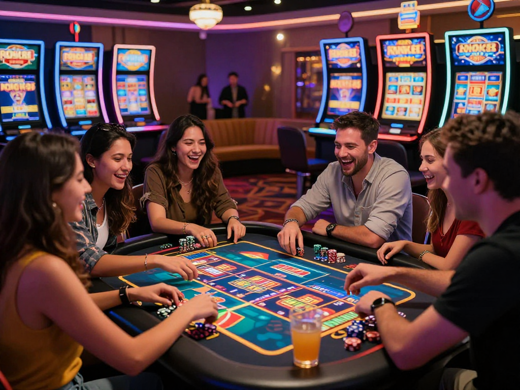 Friends enjoying a lively gambling experience with rokok88 slots in a vibrant casino setting