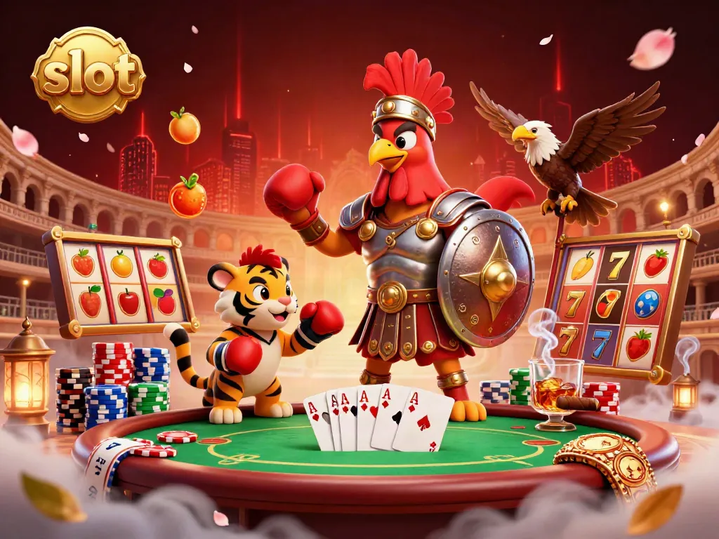 Engage in slot games with a dynamic 3D scene featuring a gladiator rooster, tiger cub, and gaming elements.