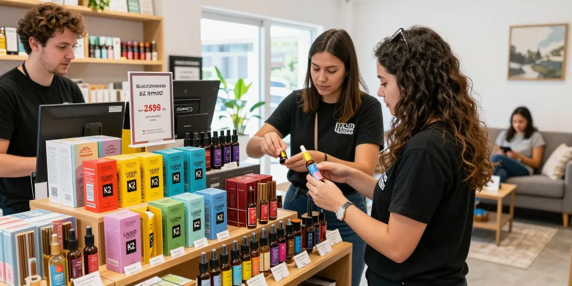 Buy Black Diamond Liquid K2 Spray online, showcasing a customer engaging with incense products in a vibrant retail setting.