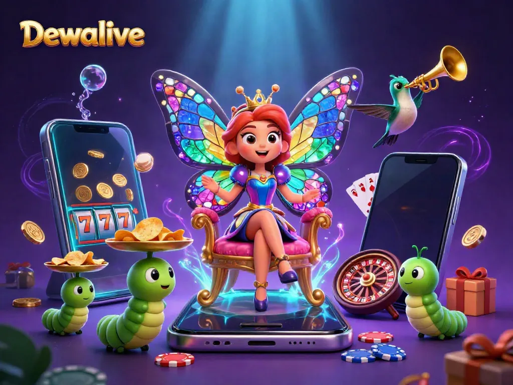 Dewalive's colorful casino illustration showcases the vibrant spirit of gaming with a butterfly queen, games, and excitement.
