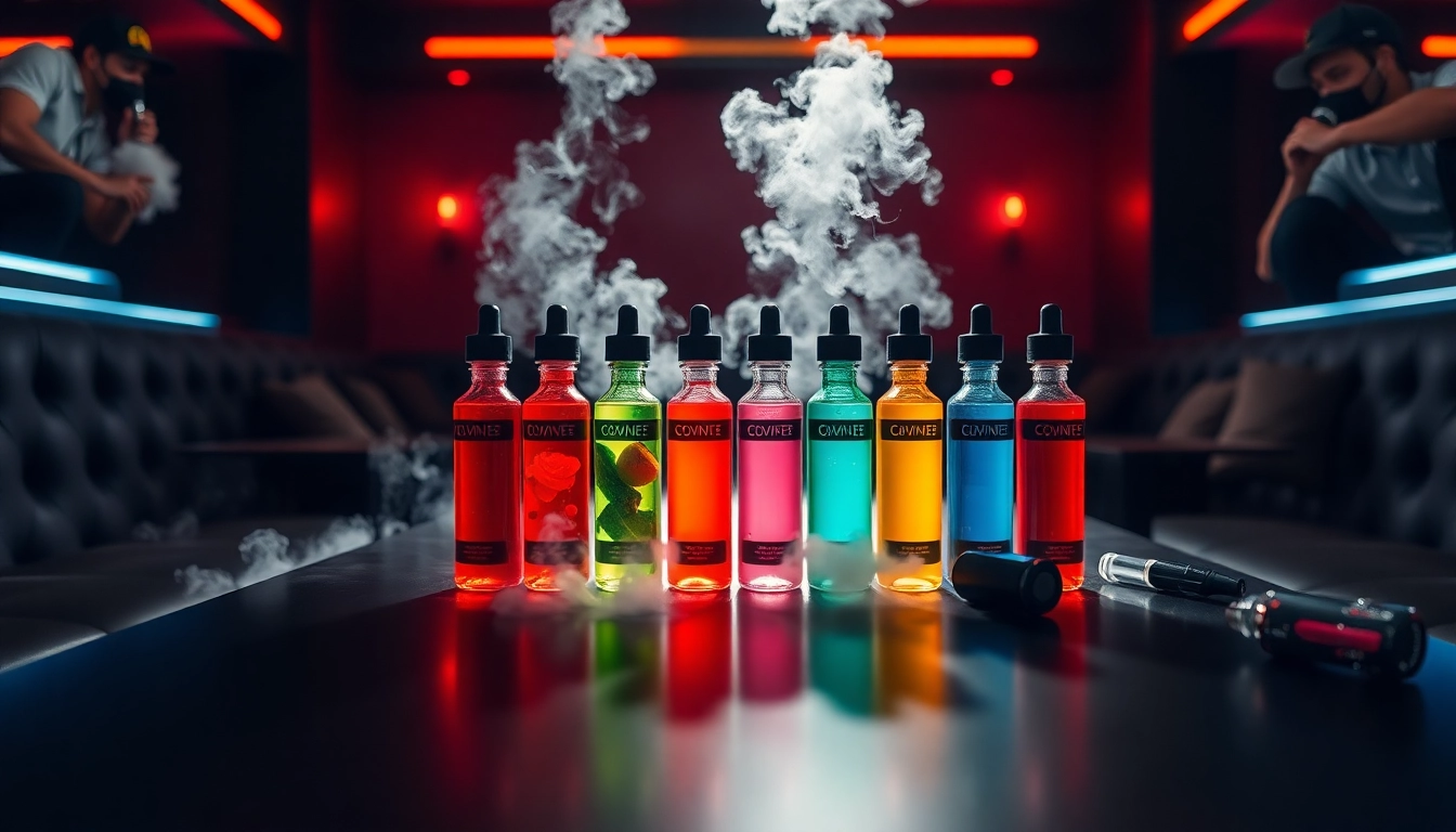 Showcase of Vape & E-Liquids with colorful bottles in a vapor-filled lounge setting.