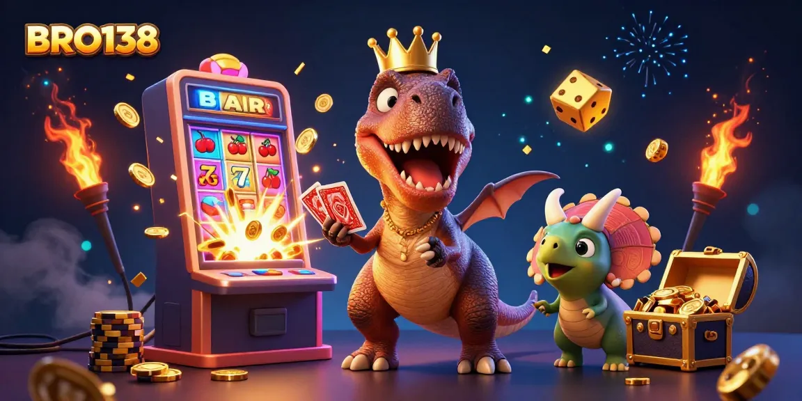 Experience thrilling spins and jackpots at BRO138 with a vibrant cartoon-themed casino scene.