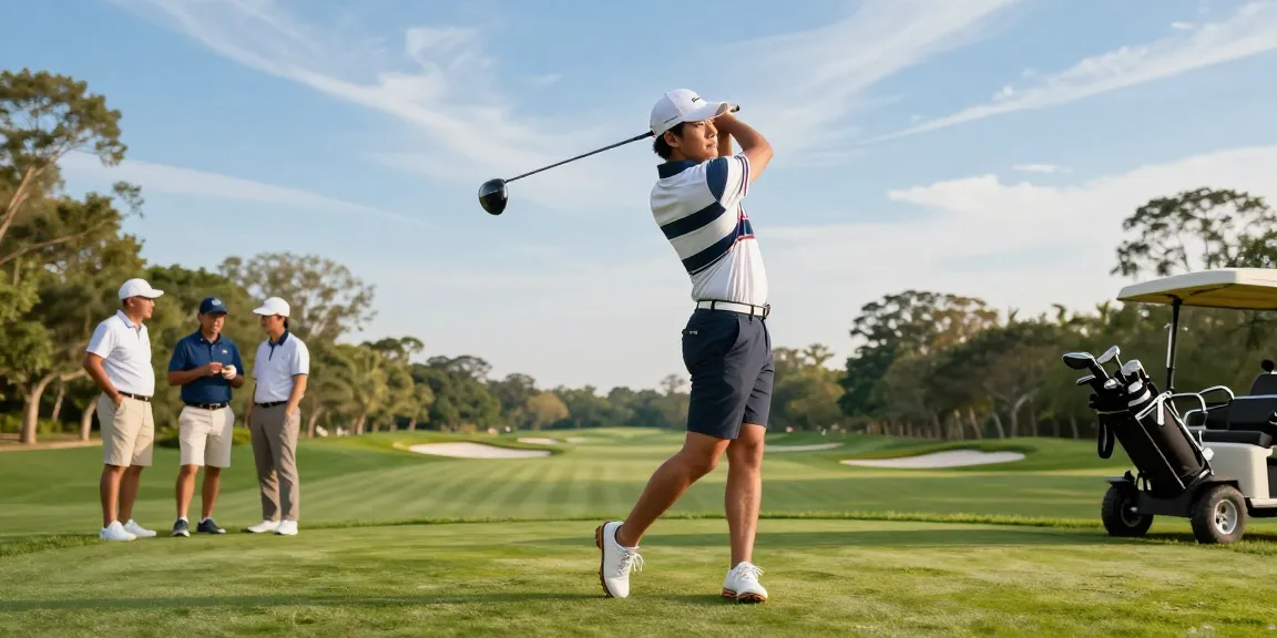 Golfer in stylish 골프웨어 레플리카 outfit swinging a club at a lush country club.