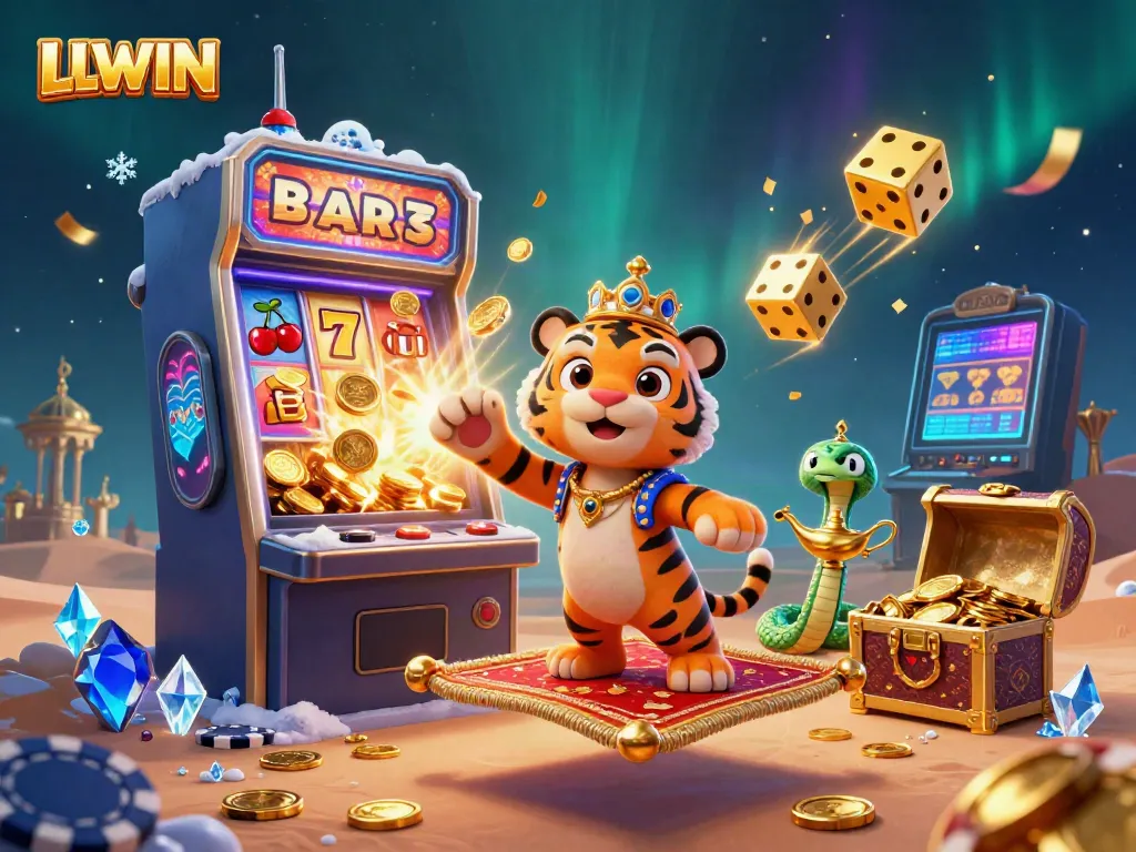 Experience the thrill of winning with LLWIN's vibrant 3D scene of casino games and prizes bursting with excitement.