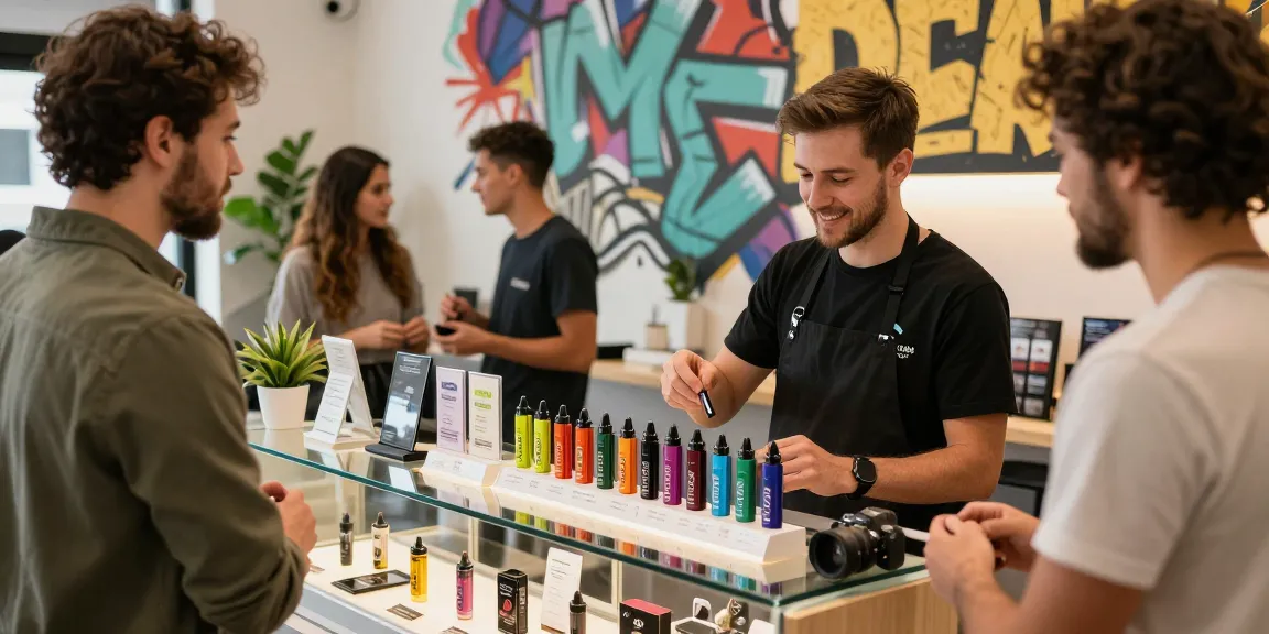 Customer exploring Muha Meds vape products in a vibrant shop setting.