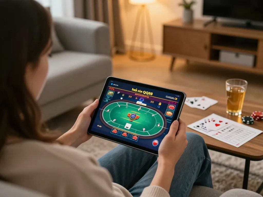 Engaging home gambling moment at nhà cái QQ88 with a vibrant poker game on tablet, cozy ambiance