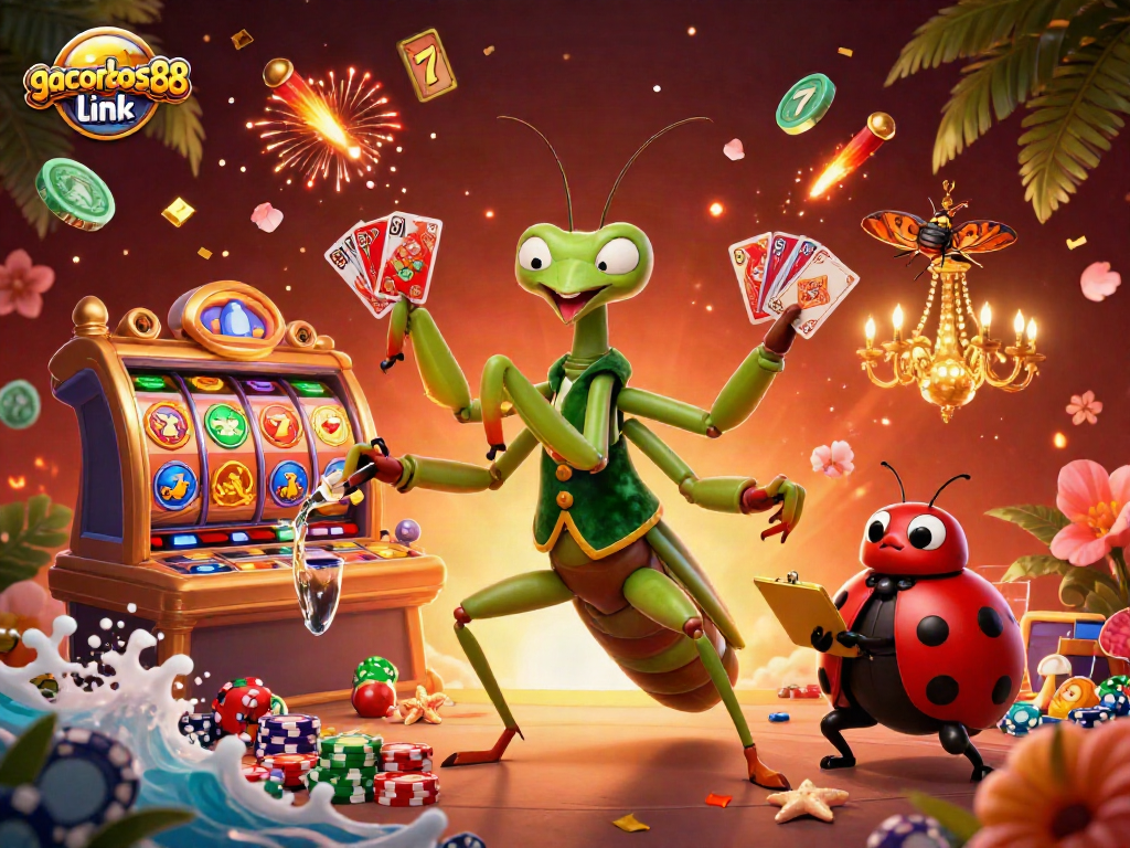 Experience the thrill with the gacorbos88 link in a vibrant 3D casino scene featuring dynamic characters and slot reels.