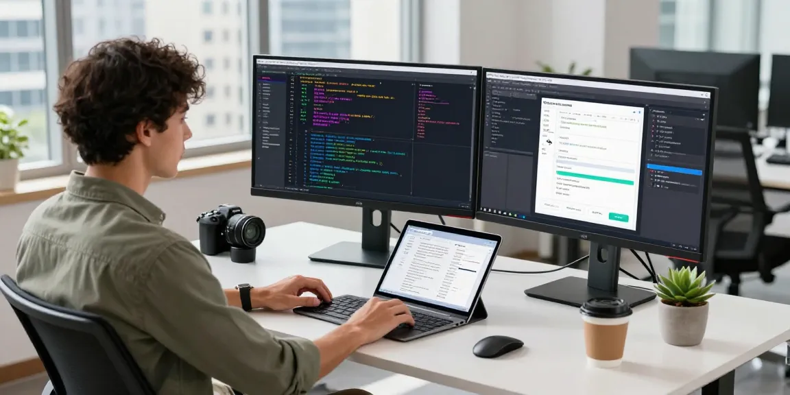 Developer coding on dual monitors at a sleek workspace, showcasing productivity and innovation for https://shs-dome5.com/.