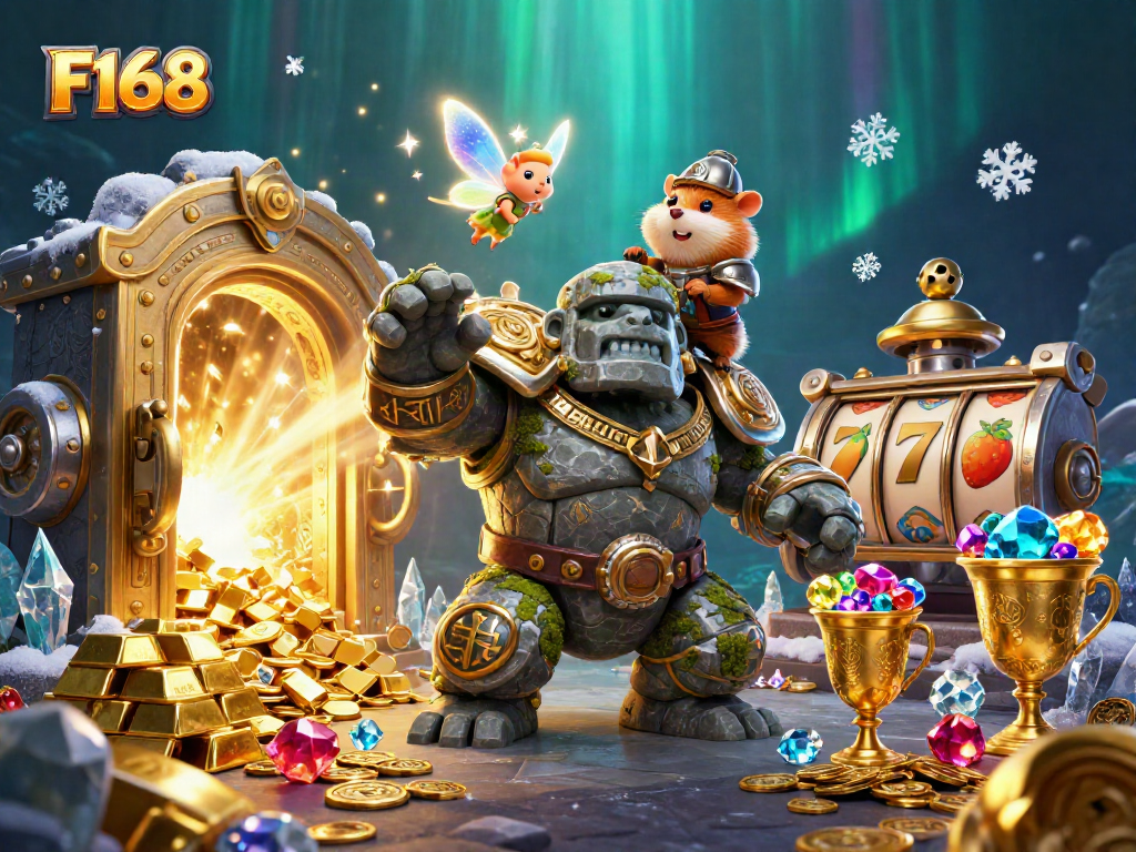 Engage with F168's thrilling adventure featuring a golem guardian and sparkling treasures in a casino-themed realm.