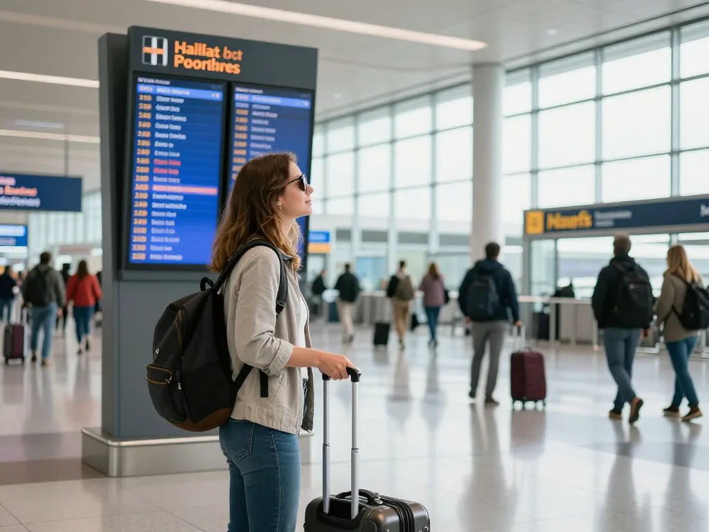 Cardiff Airport from Halifax traveler checking flight information and preparing for adventure.