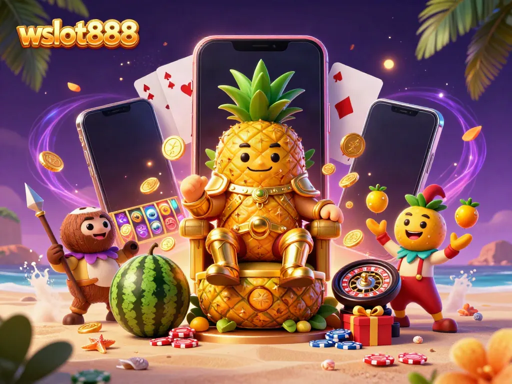 Permainan wslot888 dengan karakter kasino menarik, hadiah, dan simbol slot di pantai tropis