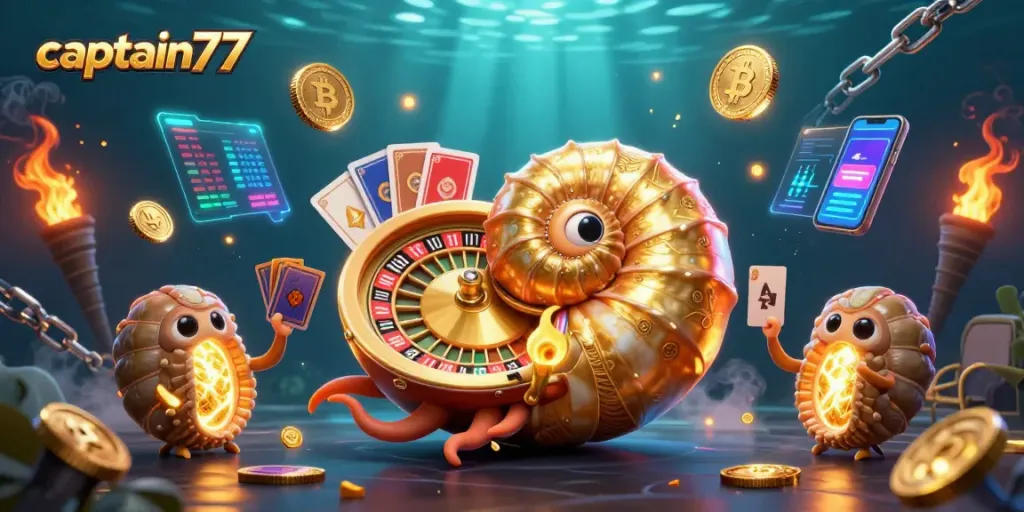 Experience the thrill of captain77 with a vibrant casino scene featuring a giant nautilus as a roulette wheel.