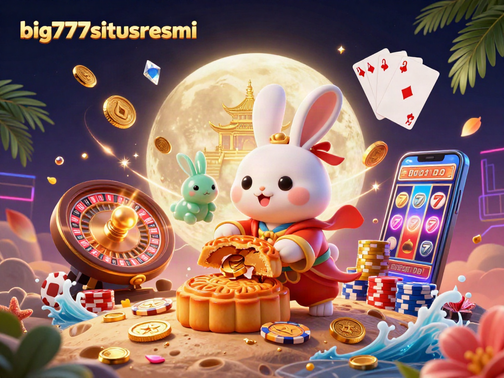 Engage with big777situsresmi as the moon rabbit reveals poker chips from mooncakes in a vibrant casino scene.