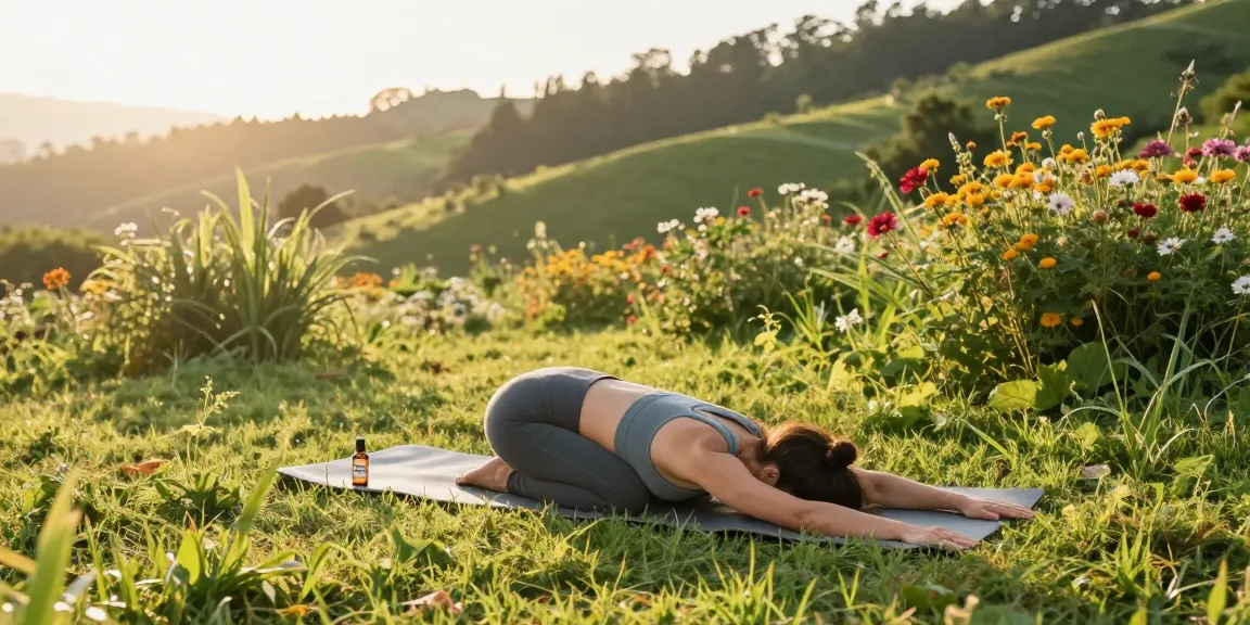 MinistryOfCannabis CBD Öl auf Yoga-Matte für natürliche Wellness und sportliche Regeneration in der Natur.