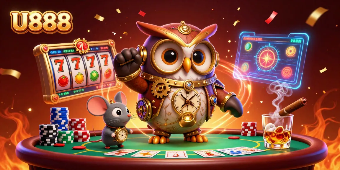 Experience exhilarating gameplay with U888 in this vibrant casino scene featuring an adventurous time-traveler owl.