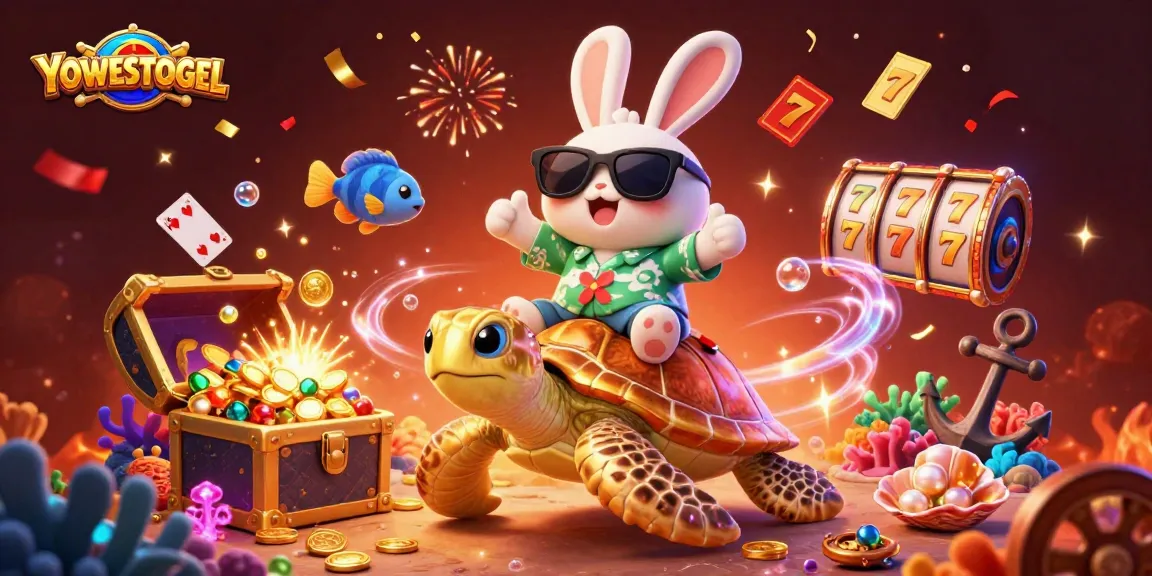 YOWESTOGEL brings luck with an adorable rabbit and golden turtle in a vibrant casino scene.