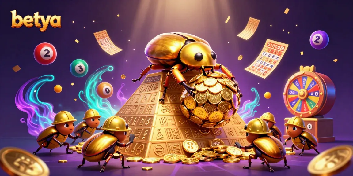 Engage with the vibrant world of betya gambling, featuring a golden beetle amidst casino symbols and bouncing lottery balls.