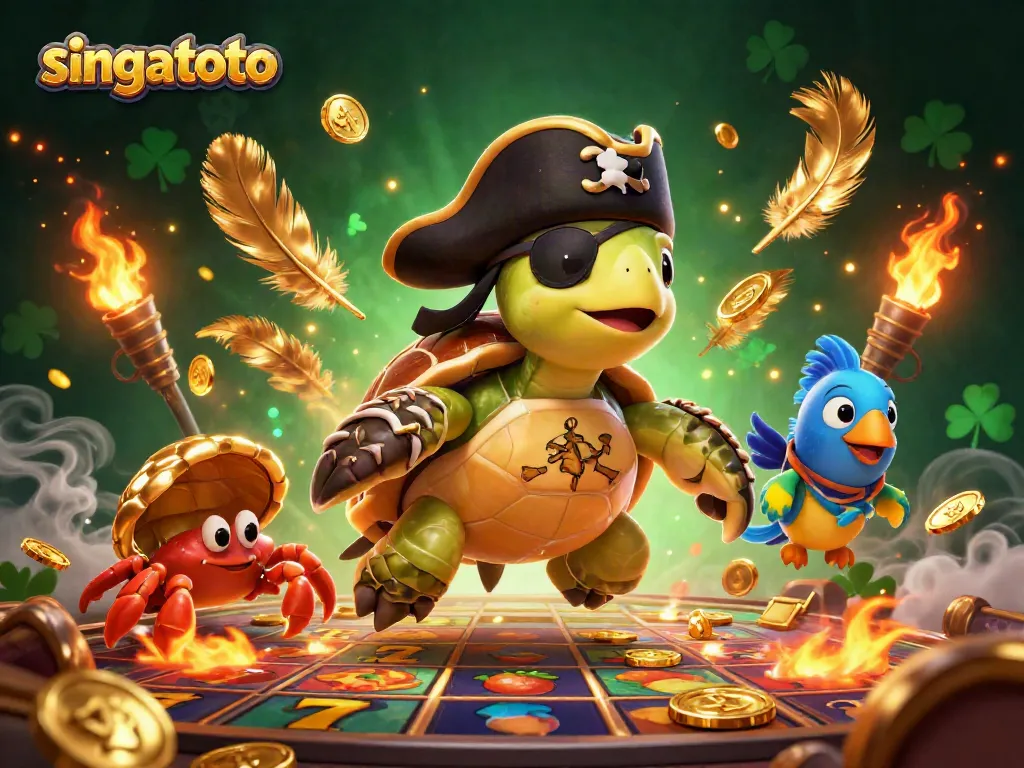 Engage with singatoto casino adventures featuring a cartoon pirate turtle, hermit crab, and parrotfish.