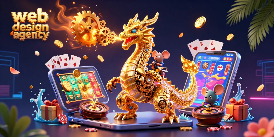 Engage with the ultimate web design agency for casinos, featuring a golden dragon amidst vibrant slot games.