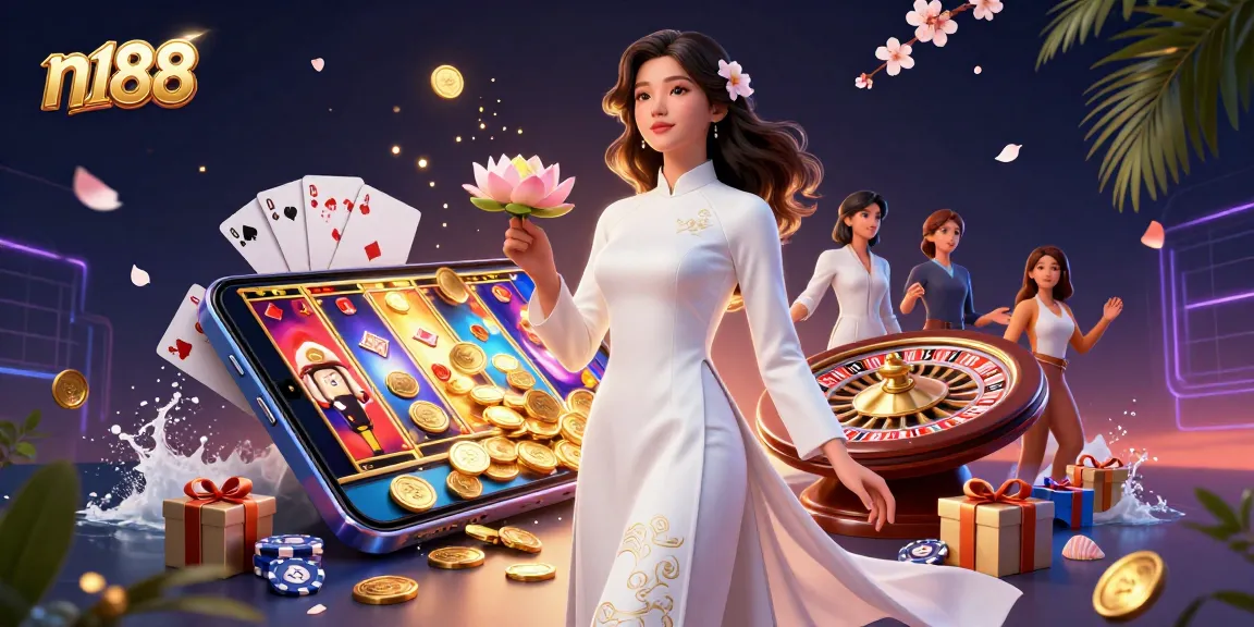 Engage with n188's vibrant gaming scene showcasing dynamic slot games and traditional decor.