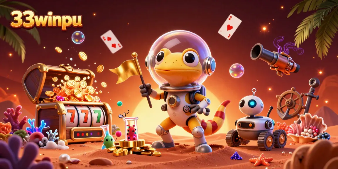 Experience the excitement of the 33winpu casino on Mars with vibrant lights and slot reels!