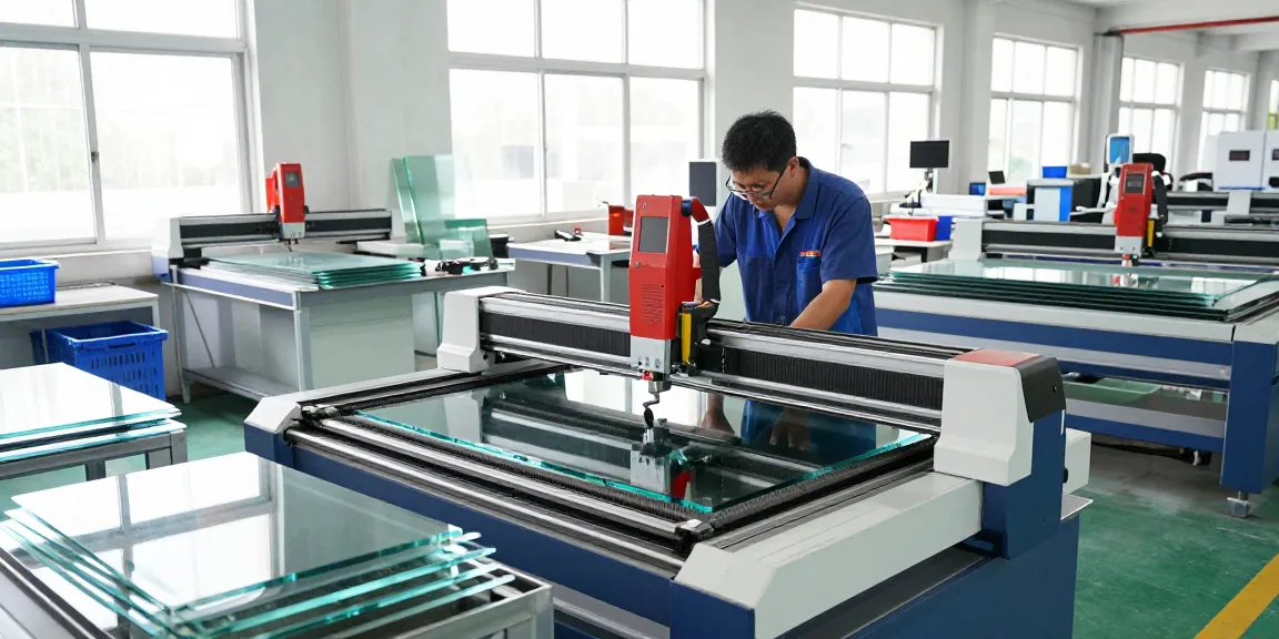Technician using a cutting machine glass in a modern glass processing factory showcasing precision and technology.