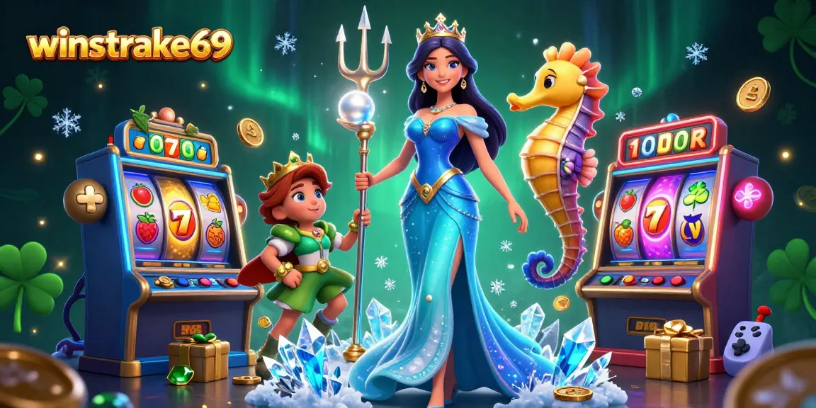Winstrike69: Engage in vibrant slots action with a stunning 3D scene of a woman and seahorse king.