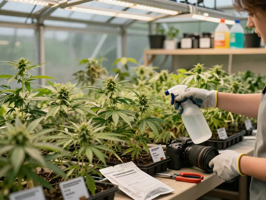 Indoor gardening scene showcasing cannabis seeds in a well-lit greenhouse with vibrant seedlings being nurtured.